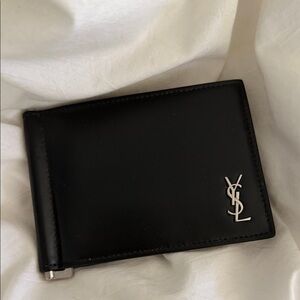 Saint Laurent Black Leather Billfold Money Clip with Silver YSL Monogram